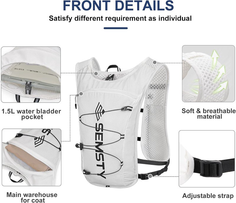 SEMSTY Running Hydration Vest 5L,Running Vest Pack with 1.5L Water Bladder,Lightweight Water Backpack for Hiking Running Cycling - Image 2